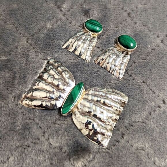 Vintage 70's Sterling Silver & Malachite Brooche w/ Earrings (plz read descrp) - Picture 1 of 13